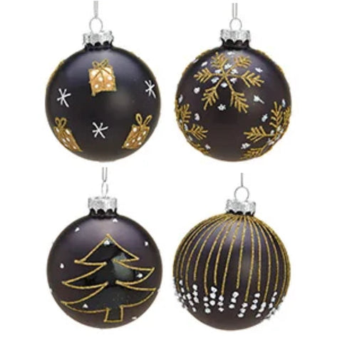 Weihnachtskugel aus Glas Schwarz Gold Motiv 8 cm 4er Set